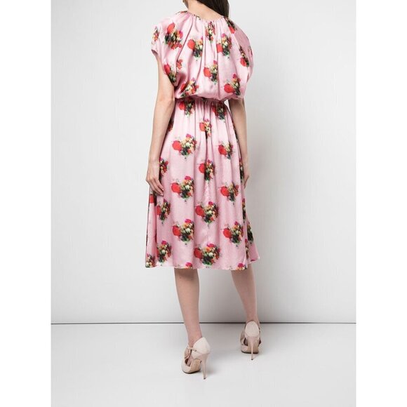 Adam Lippes Ruffle Floral Dress Pink Silk Midi - Picture 4 of 15